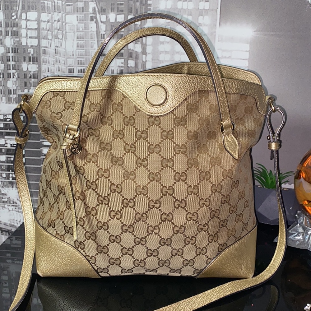 Authentic GUCCI Bree 2Way Shoulder GG Canvas Leather Tote Bag